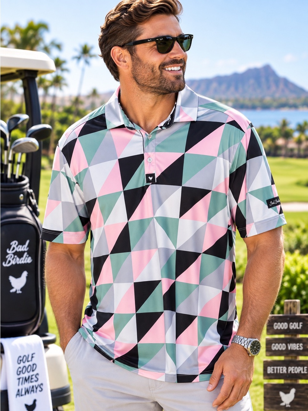 Bad Birdie Men’s Large Geometric Golf Polo Pink Green Black Performance #208